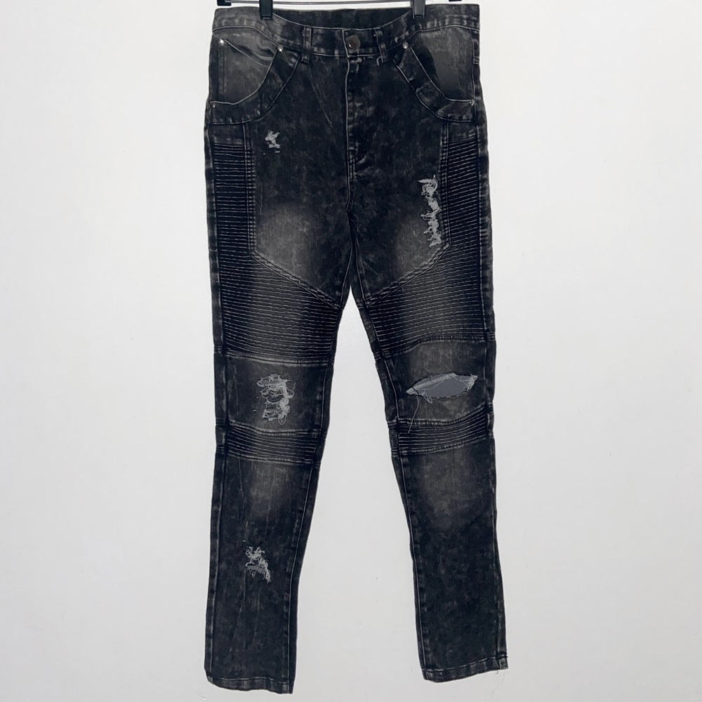 Korean Made StreetWear 1/1 Sample Biker Denim Jeans Gray/Washed Black Men’s w32 